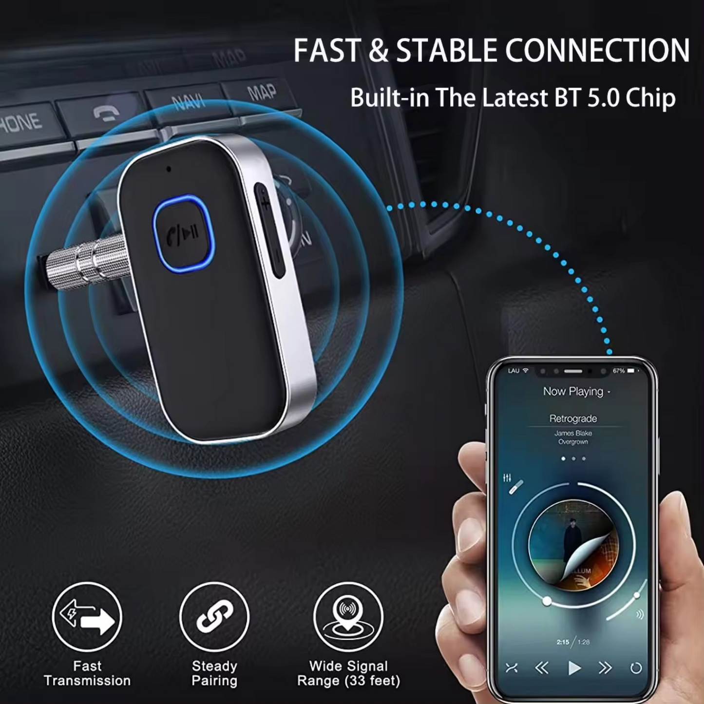 Adaptor Bluetooth 5.0, Receiver Audio cu Jack - Port AUX 3.5 mm