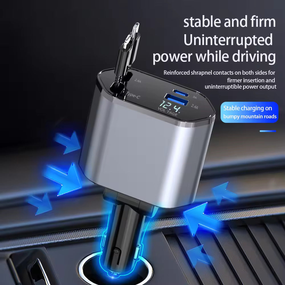 Incarcator Auto cu Cablu Retractabil 120 W, PowerSlide Elite 4 in 1: Type-C si iPhone, Afisaj Digital, Porturi USB si USB-C