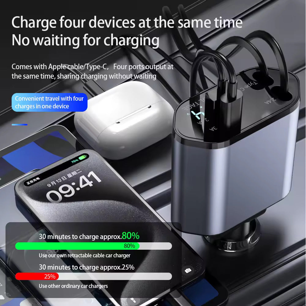 Incarcator Auto cu Cablu Retractabil 120 W, PowerSlide Elite 4 in 1: Type-C si iPhone, Afisaj Digital, Porturi USB si USB-C