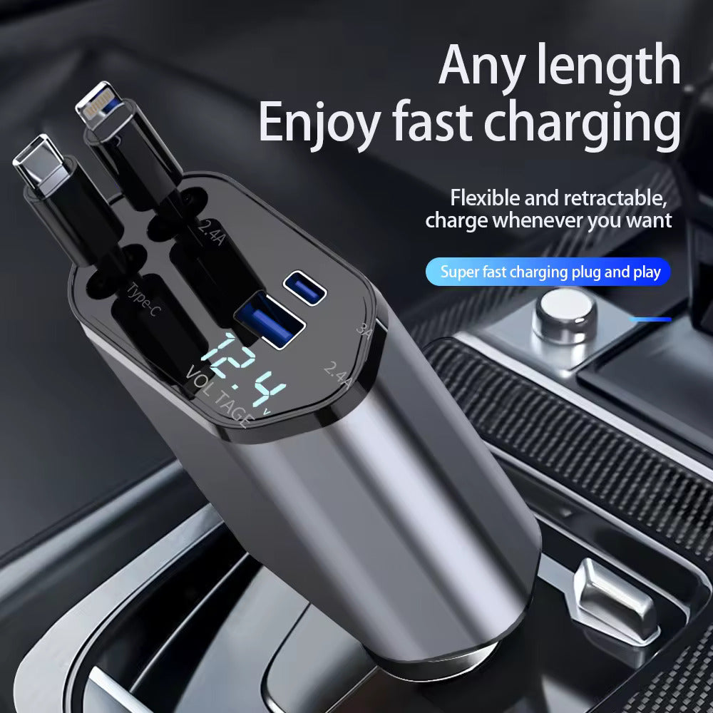 Incarcator Auto cu Cablu Retractabil 120 W, PowerSlide Elite 4 in 1: Type-C si iPhone, Afisaj Digital, Porturi USB si USB-C