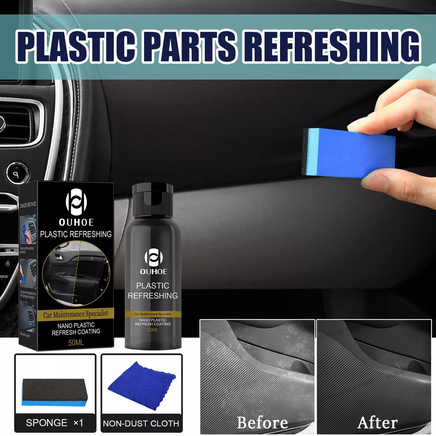 Kit Auto pentru Curatare si Restaurare Plastic, Cauciuc si Piele, OUHOE Plastic Refreshing, 50ml