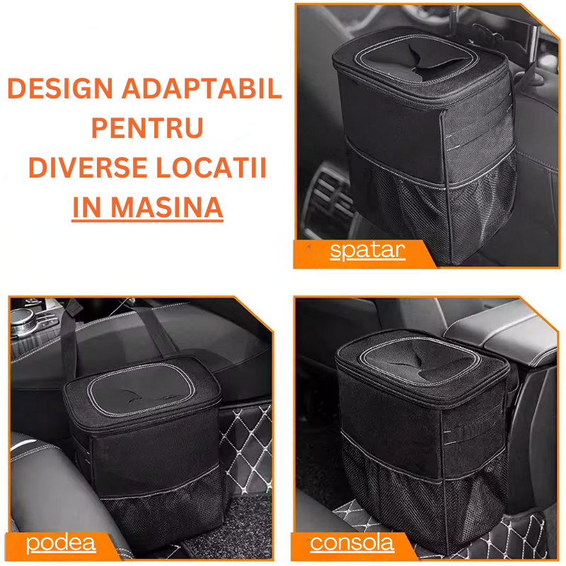 Cos de gunoi auto cu capac, impermeabil, cu buzunare de depozitare, pliabil si portabil, organizator auto