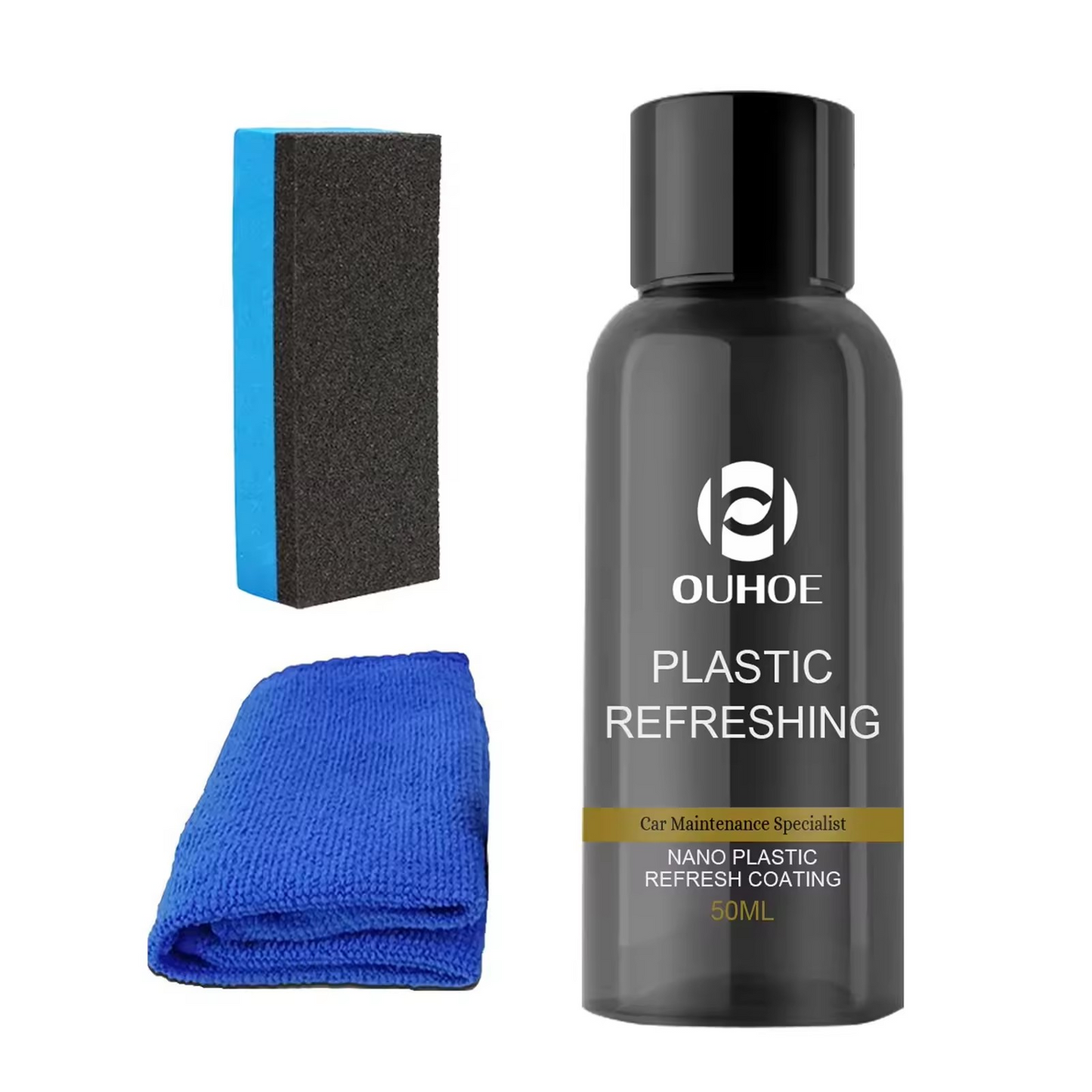 Kit Auto pentru Curatare si Restaurare Plastic, Cauciuc si Piele, OUHOE Plastic Refreshing, 50ml